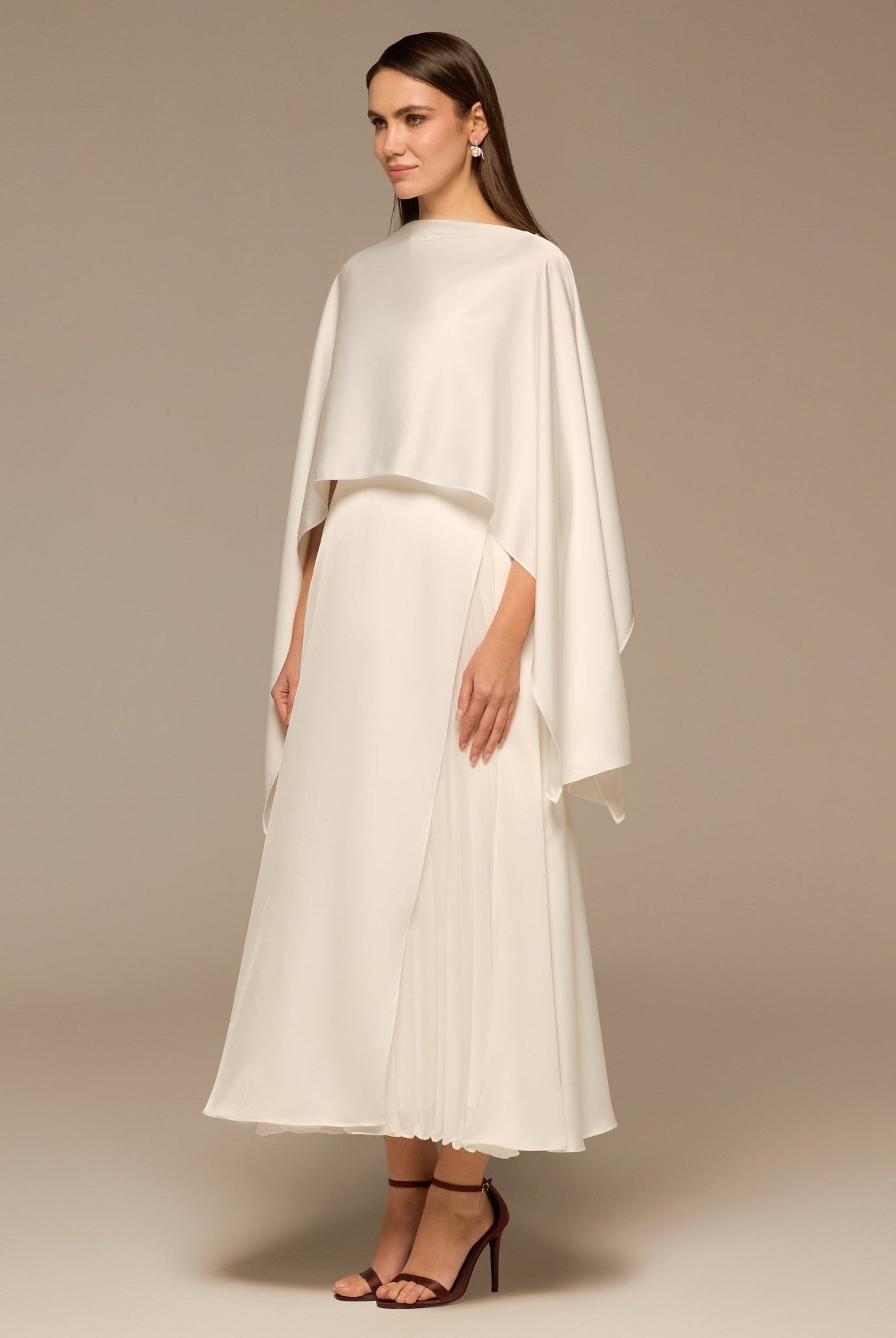 Ivory Satin Dress with Cape Sleeves - shopaleena