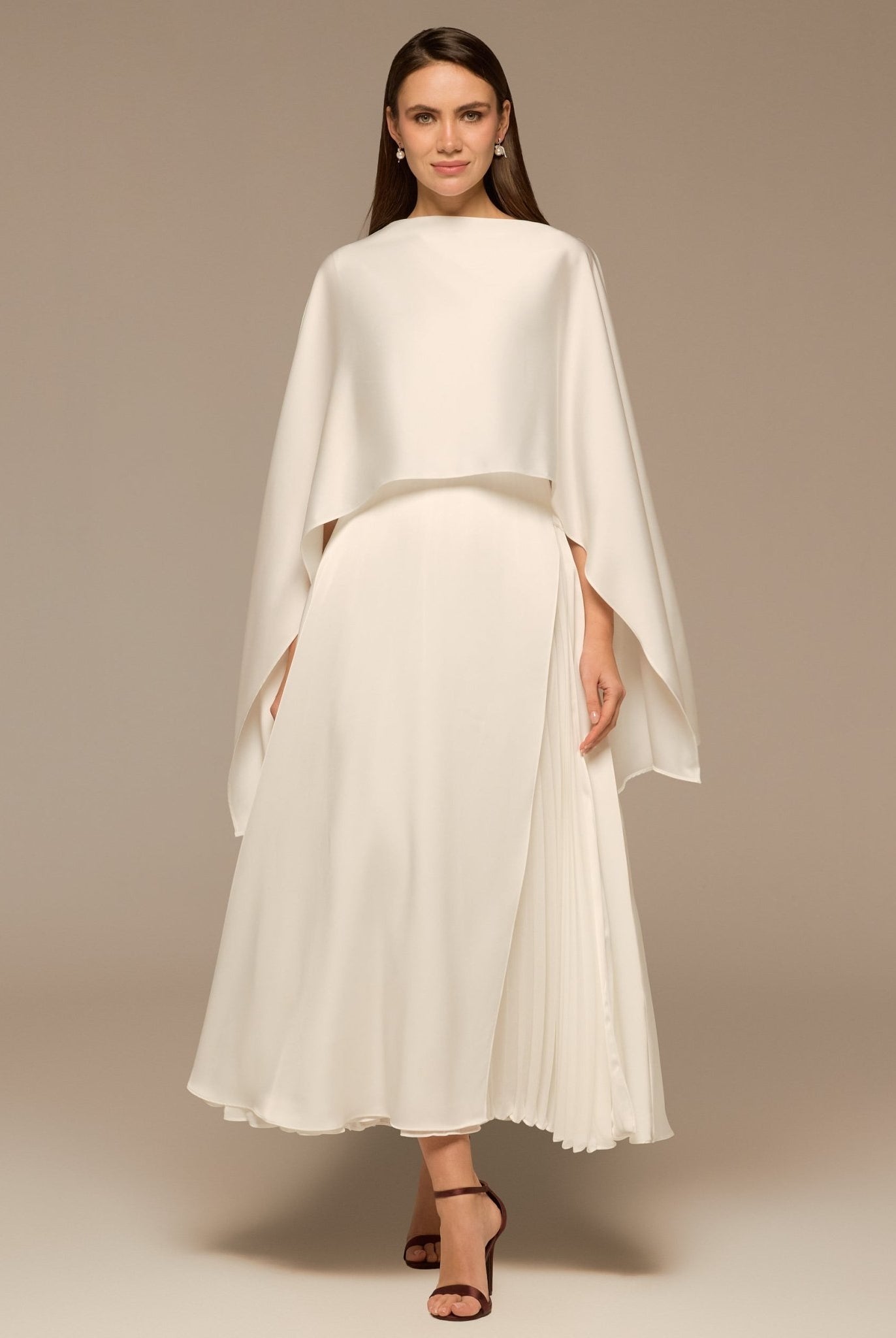 Ivory Satin Dress with Cape Sleeves - shopaleena
