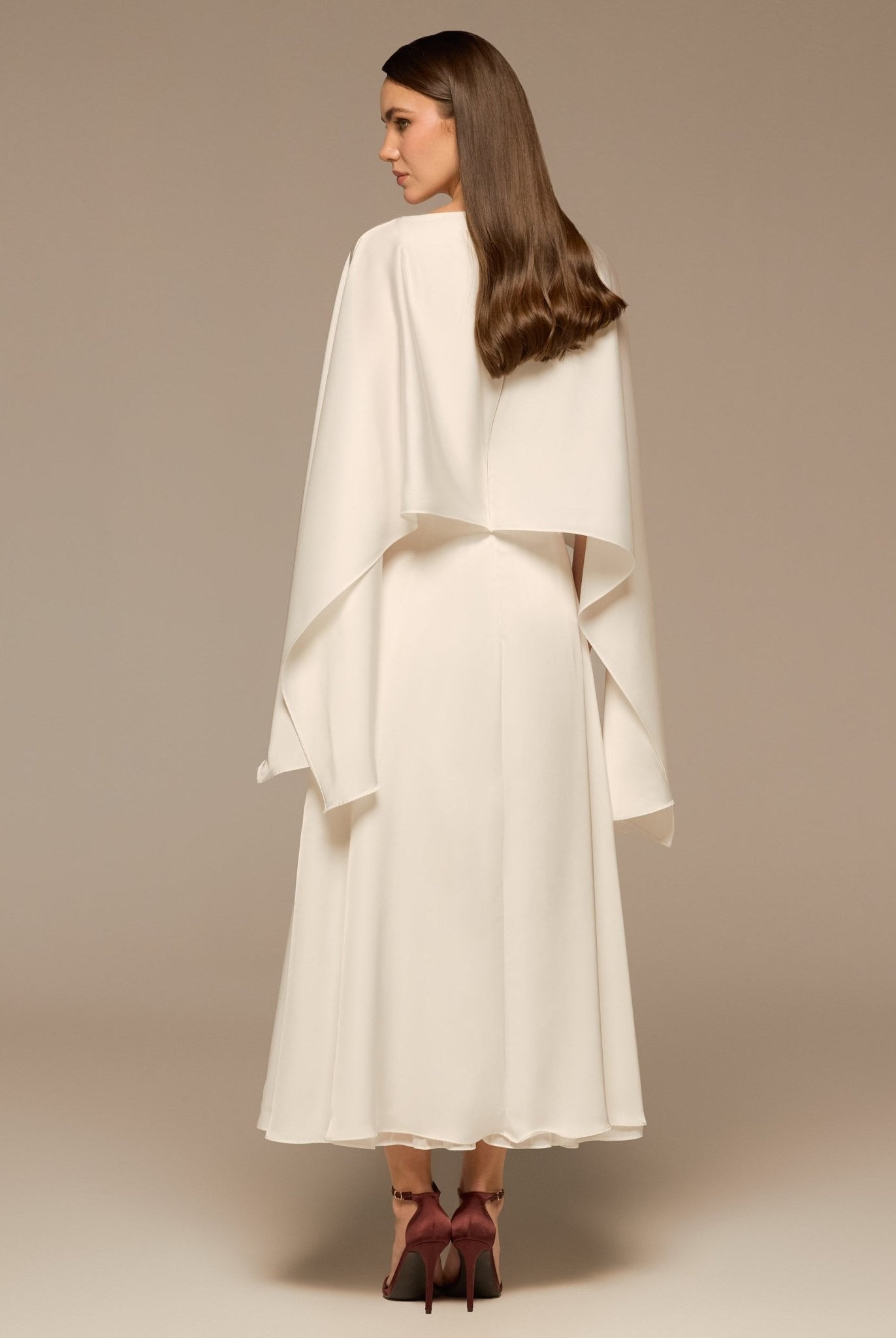 Ivory Satin Dress with Cape Sleeves - shopaleena