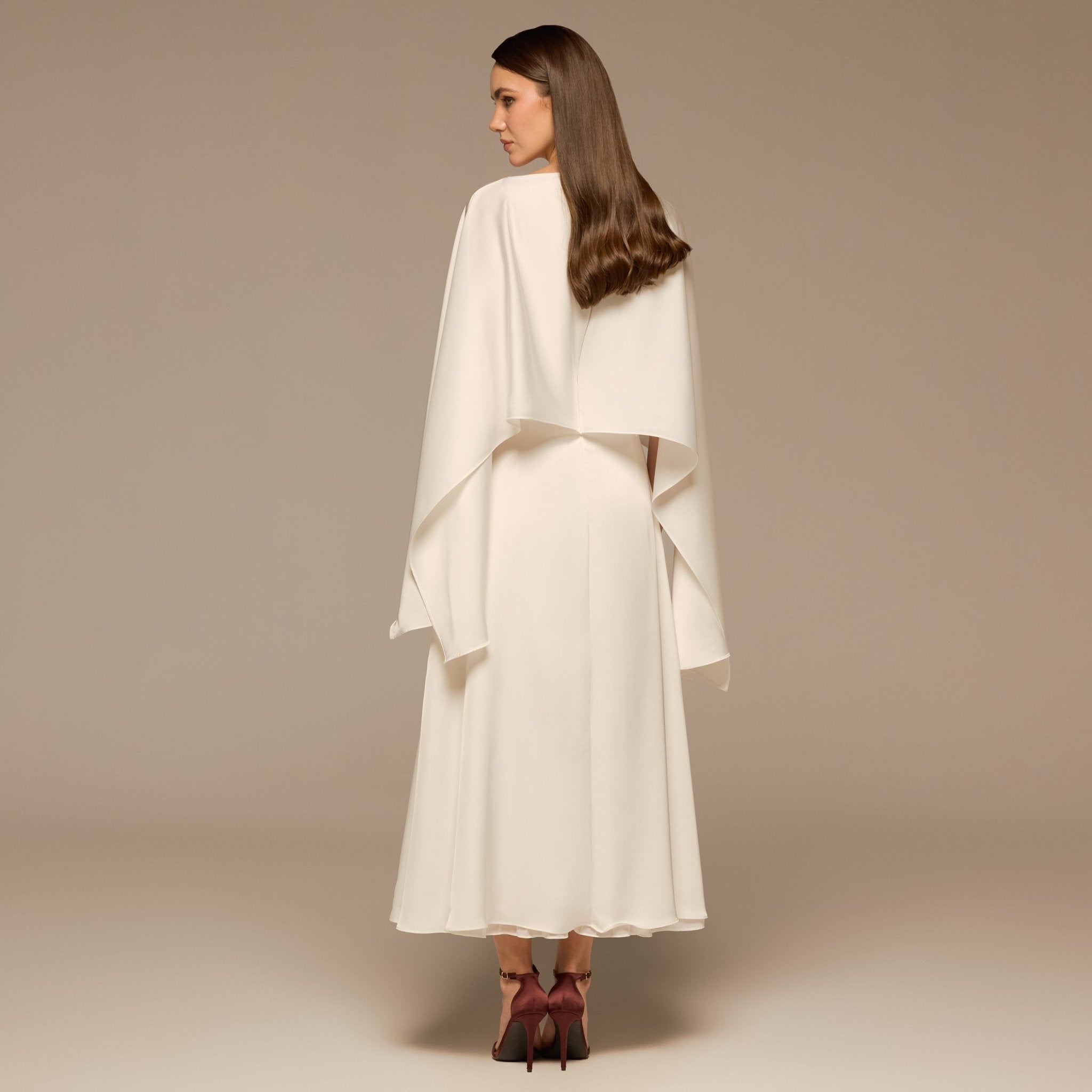 Ivory Satin Dress with Cape Sleeves - shopaleena