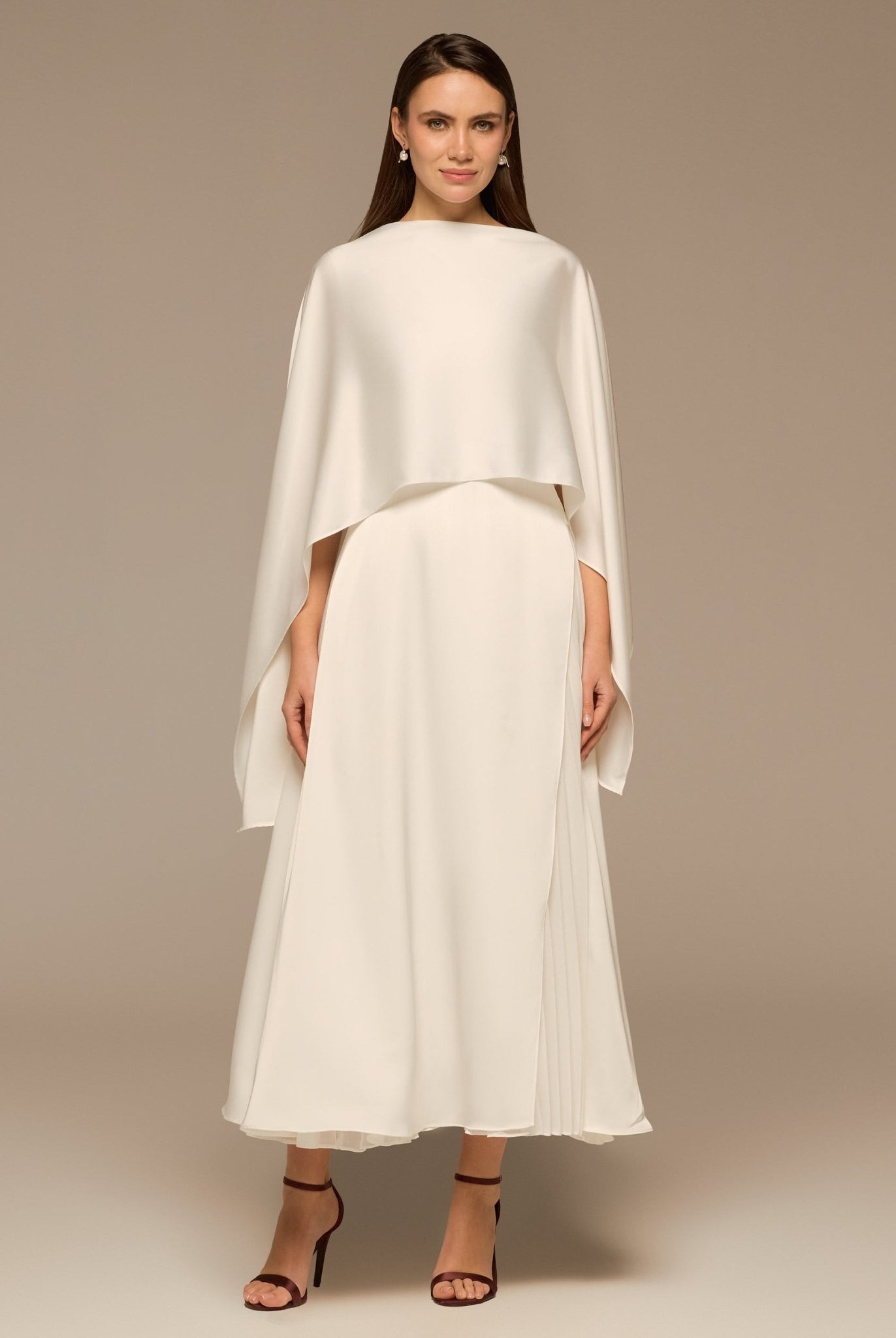 Ivory Satin Dress with Cape Sleeves - shopaleena