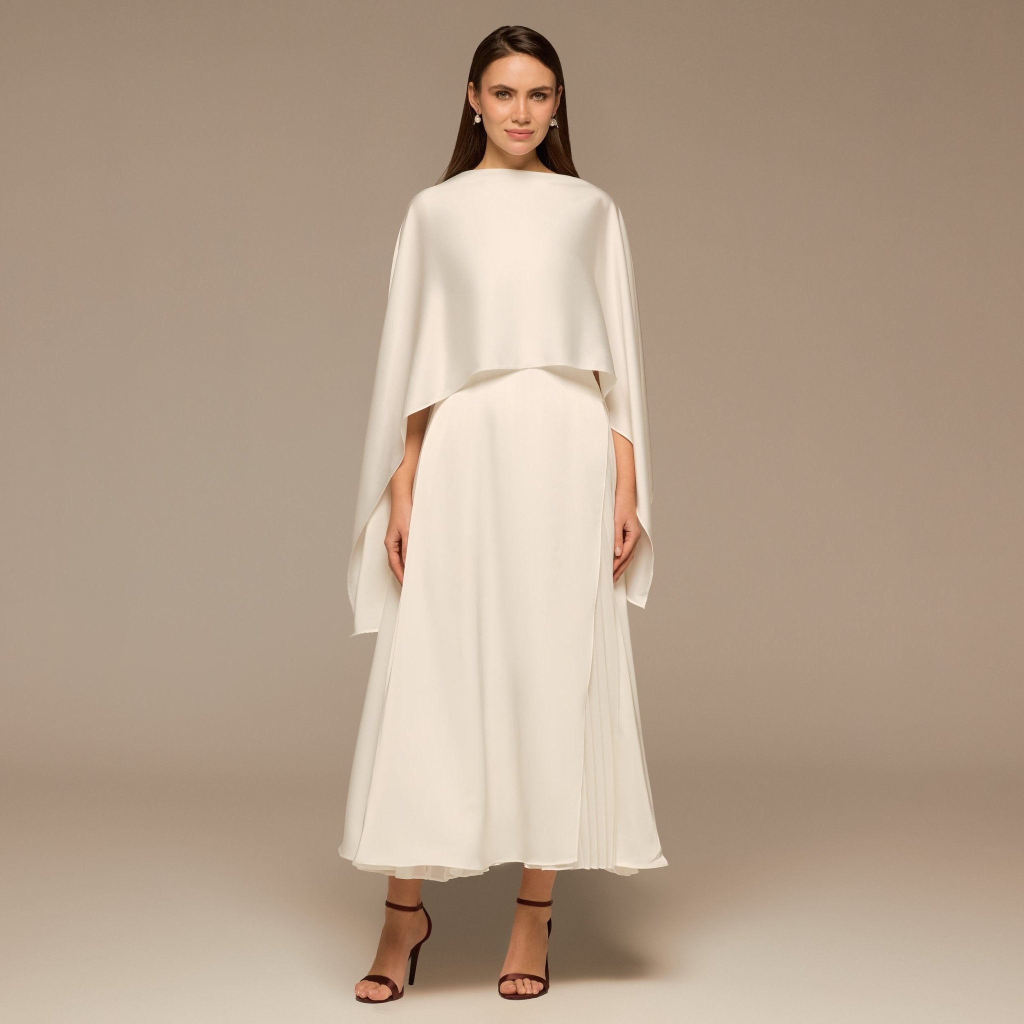Ivory Satin Dress with Cape Sleeves - shopaleena