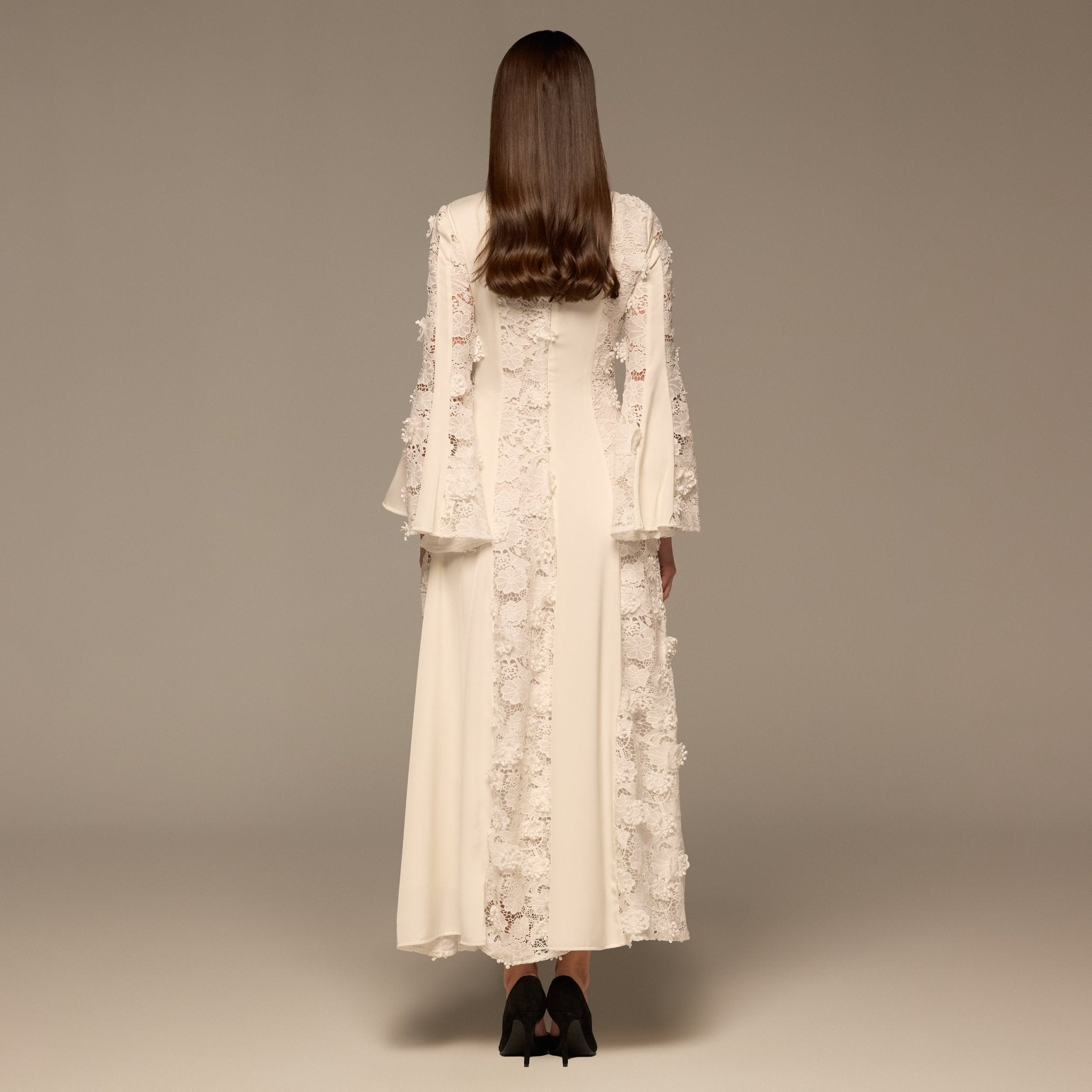 Ivory Satin Long - Sleeve Maxi Dress with Lace Details - shopaleena