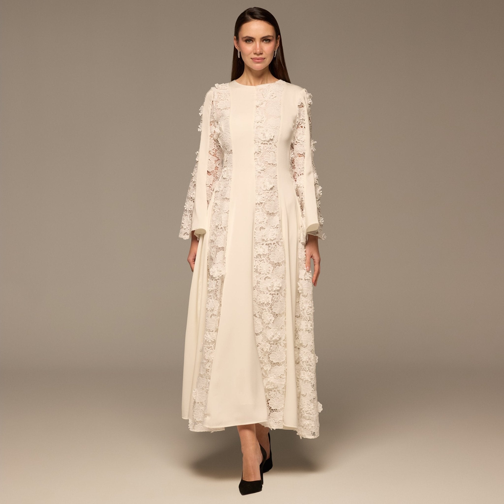 Ivory Satin Long - Sleeve Maxi Dress with Lace Details - shopaleena