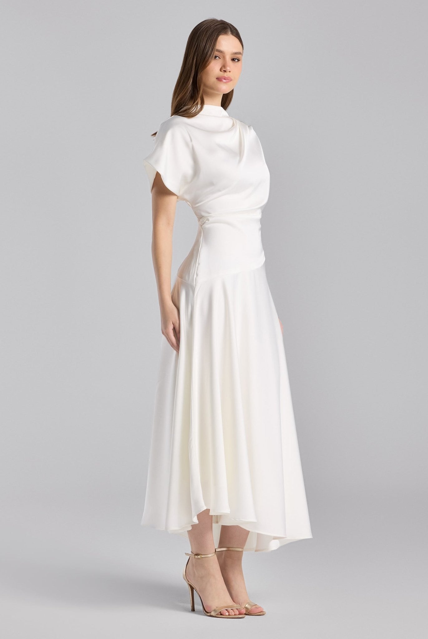 Ivory Short Sleeve Asymmetric Satin Dress - shopaleena