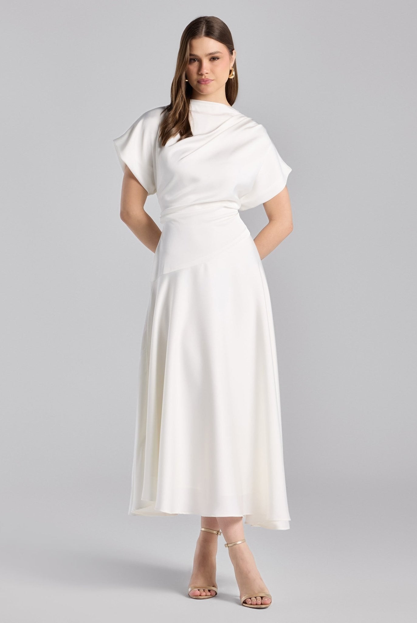 Ivory Short Sleeve Asymmetric Satin Dress - shopaleena
