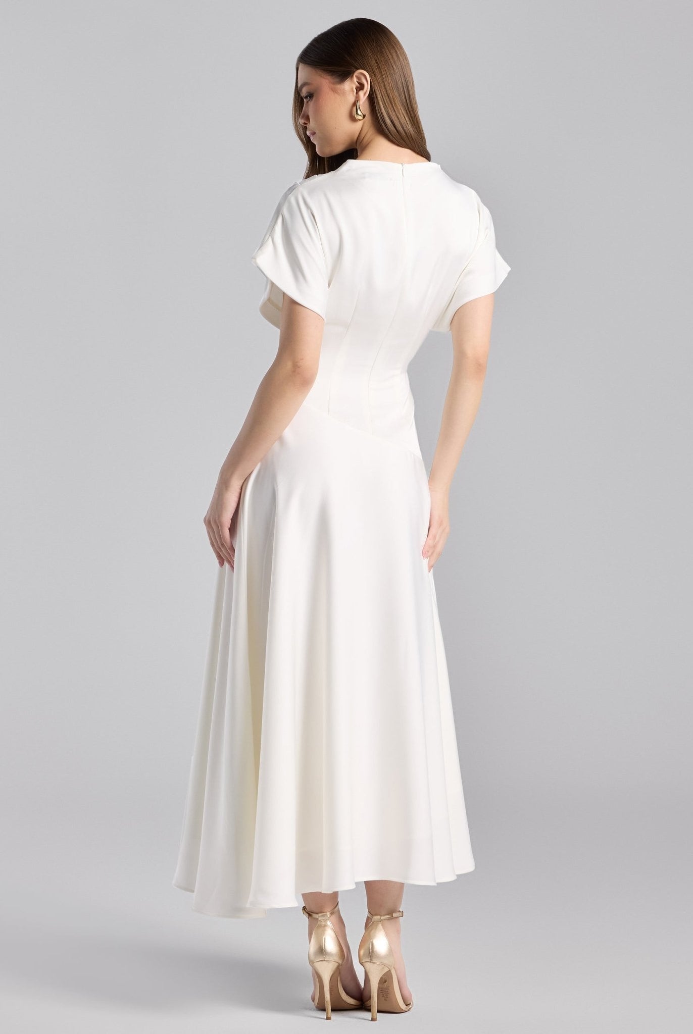 Ivory Short Sleeve Asymmetric Satin Dress - shopaleena