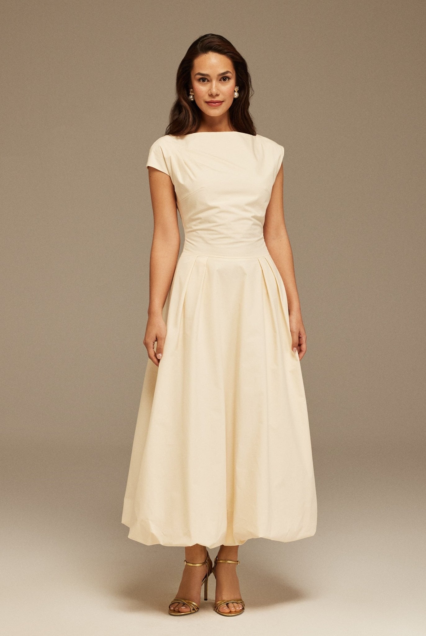 Ivory Short Sleeve Balloon Midi Dress - shopaleena