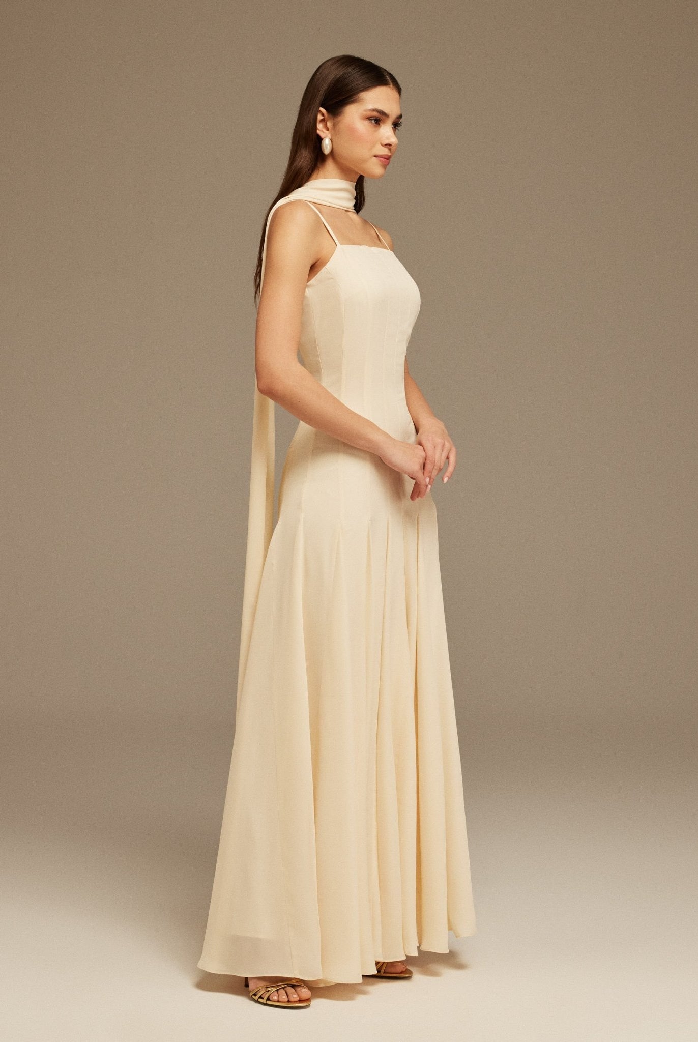 Ivory Short Sleeve Heart Neckline Long Dress - shopaleena