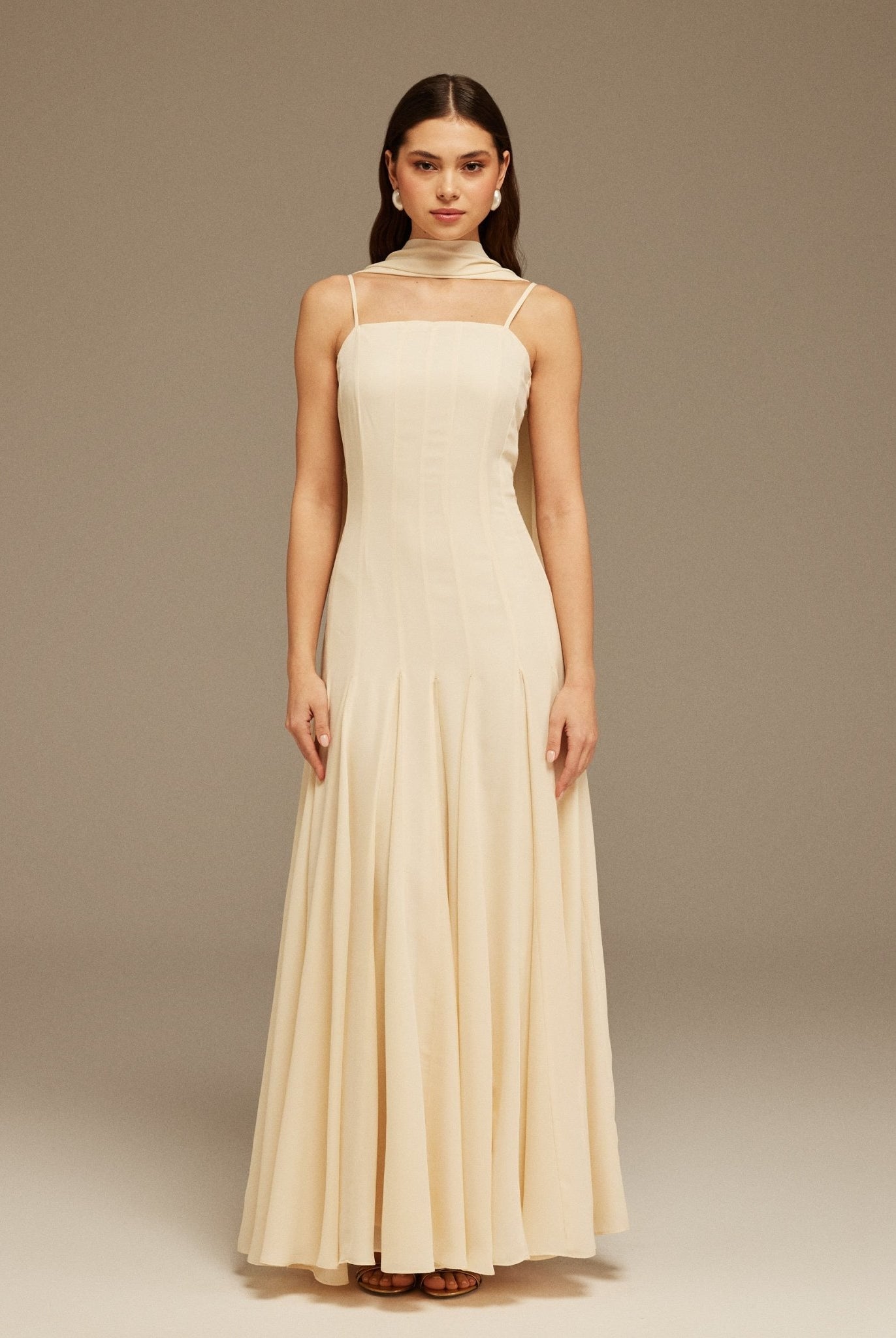 Ivory Short Sleeve Heart Neckline Long Dress - shopaleena