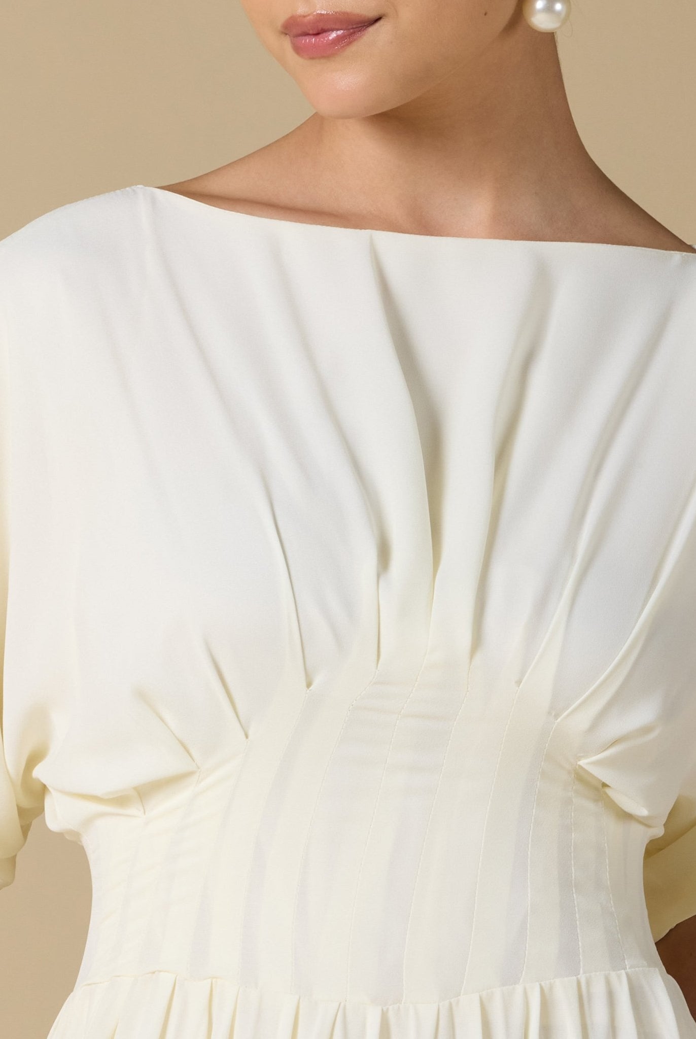 Ivory Short Sleeve Maxi Dress With Pleated Skirt - shopaleena