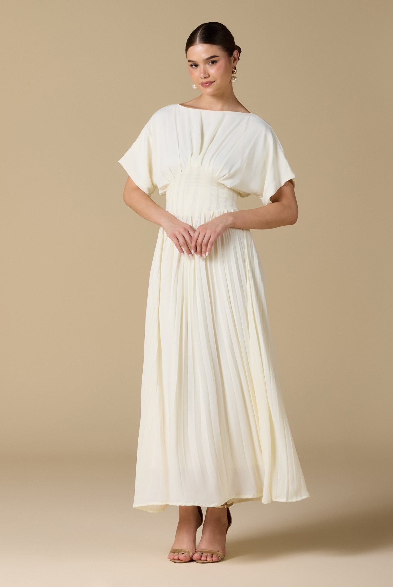 Ivory Short Sleeve Maxi Dress With Pleated Skirt - shopaleena