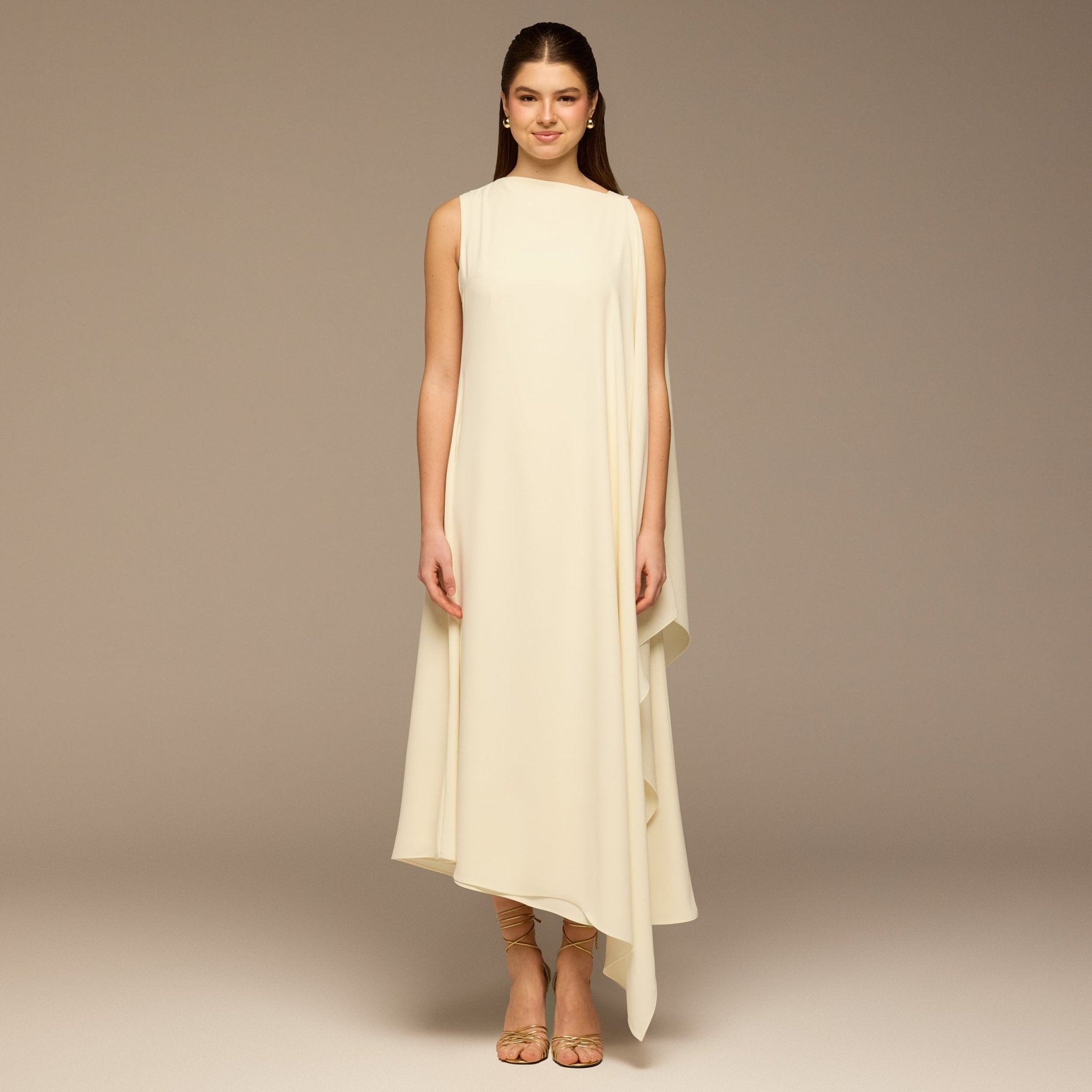 Ivory Sleeveless Crepe Maxi Dress with Side Scarf - shopaleena