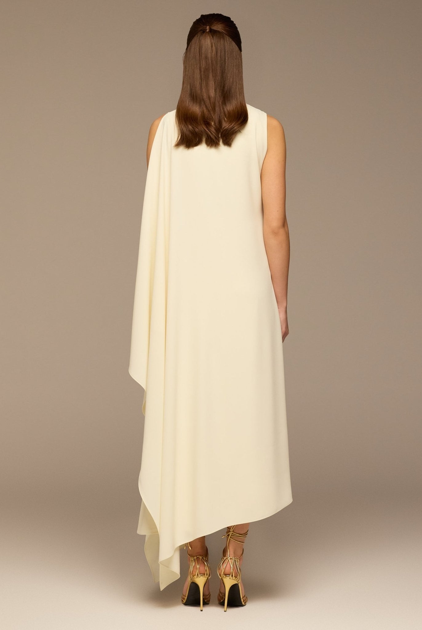 Ivory Sleeveless Crepe Maxi Dress with Side Scarf - shopaleena