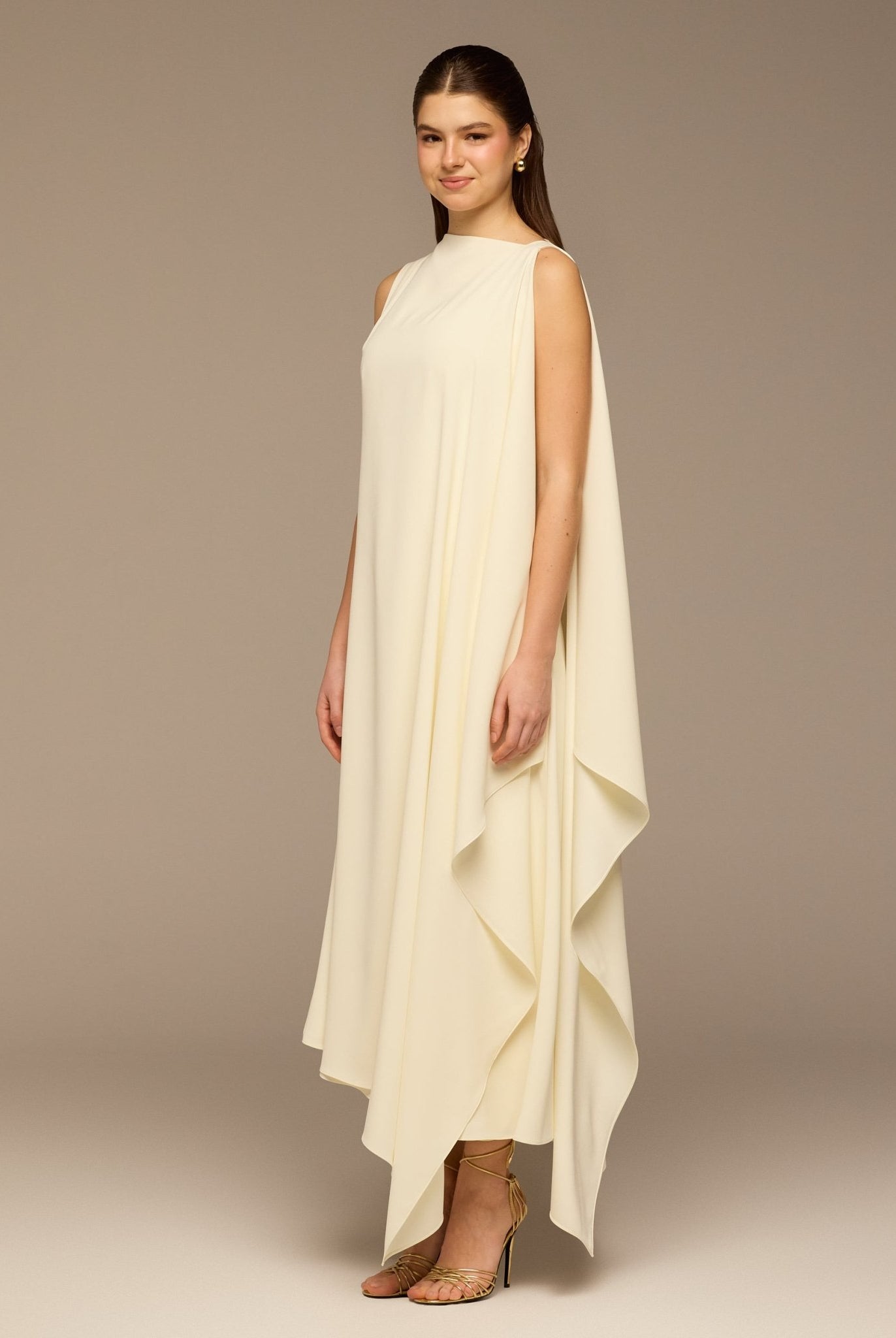 Ivory Sleeveless Crepe Maxi Dress with Side Scarf - shopaleena