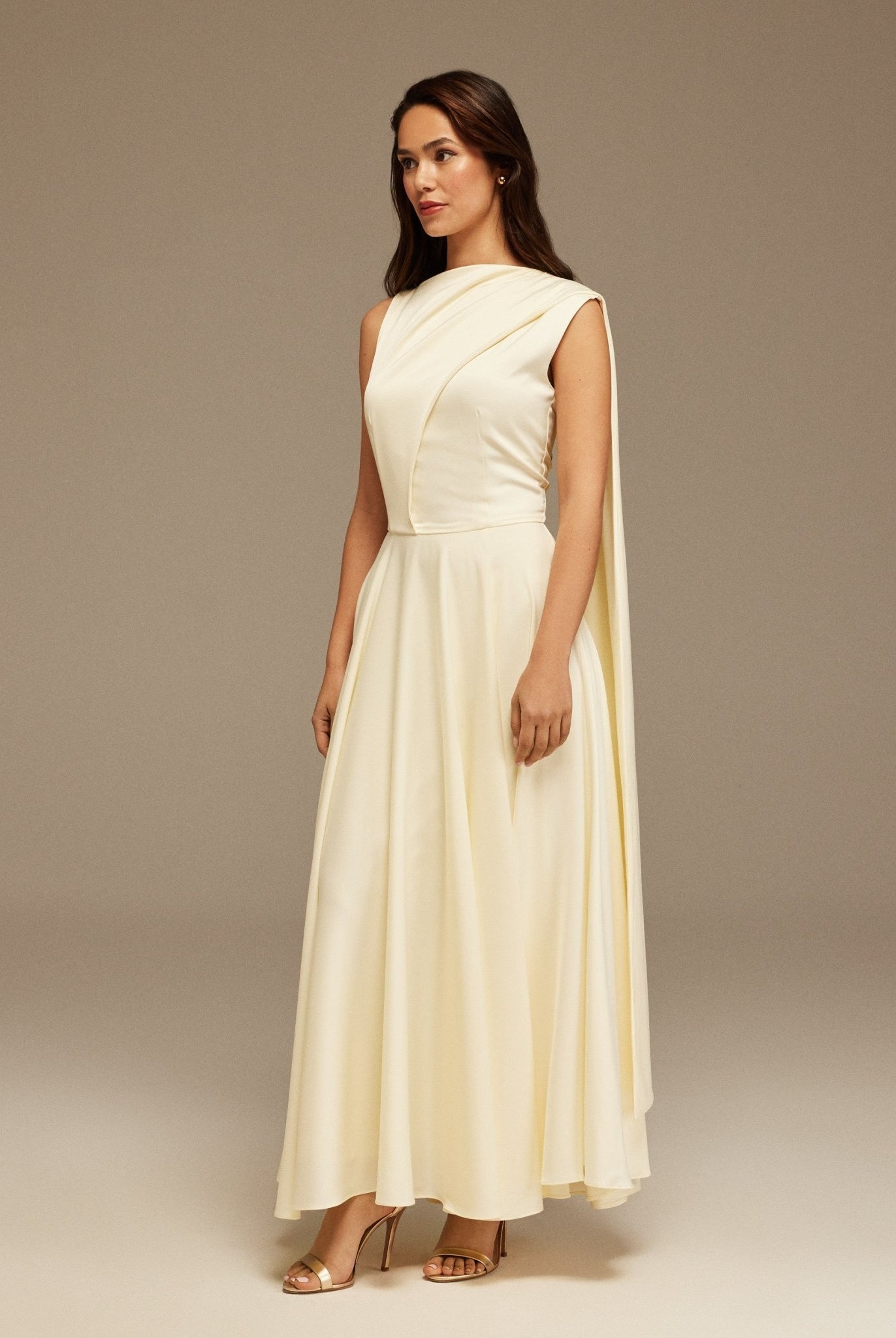 Ivory Sleeveless Satin Maxi Dress With Scarf - shopaleena