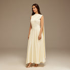Ivory Sleeveless Satin Maxi Dress With Scarf - shopaleena