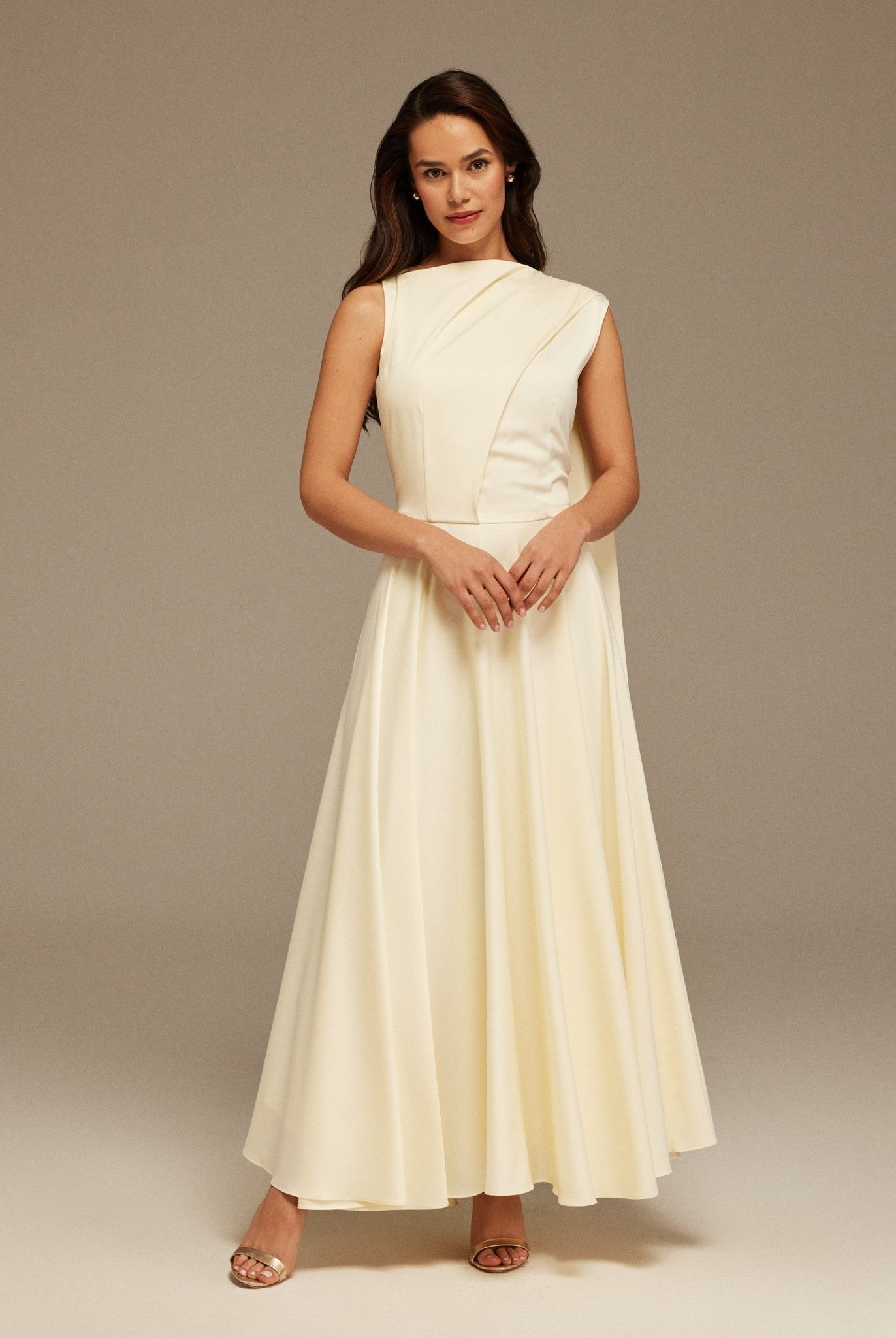 Ivory Sleeveless Satin Maxi Dress With Scarf - shopaleena