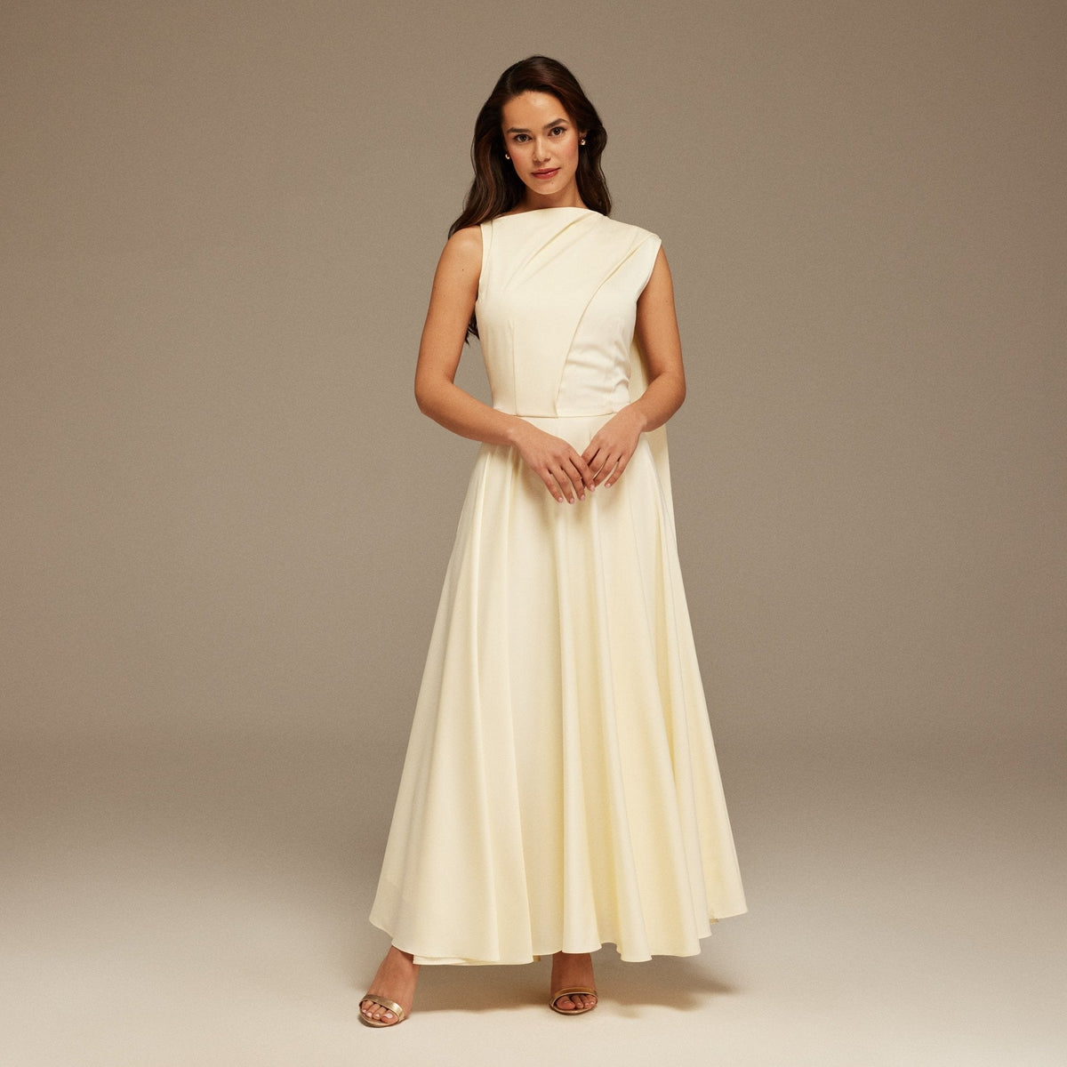 Ivory Sleeveless Satin Maxi Dress With Scarf - shopaleena