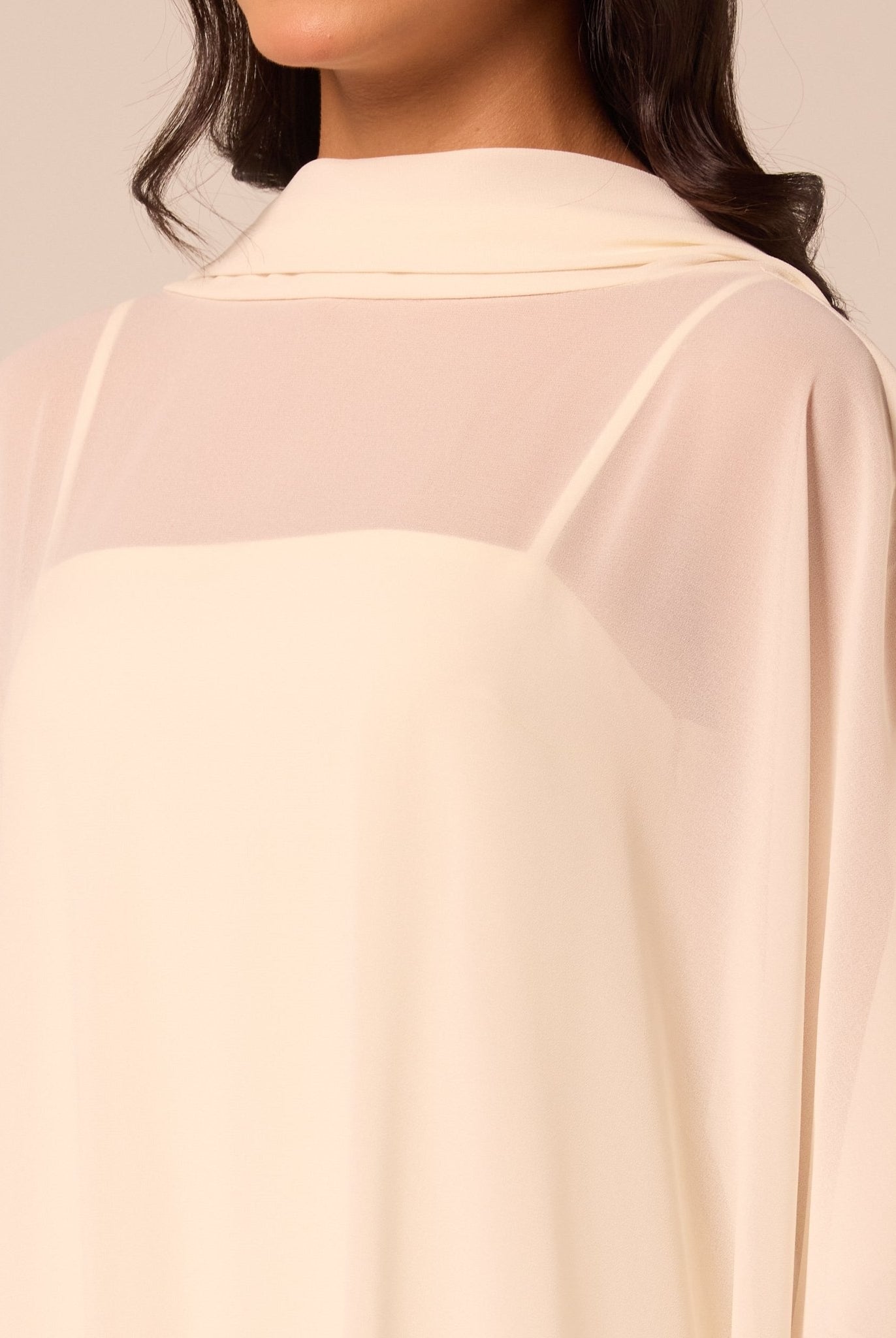 Ivory Spaghetti Strap Dress with Sheer Chiffon Cape - shopaleena