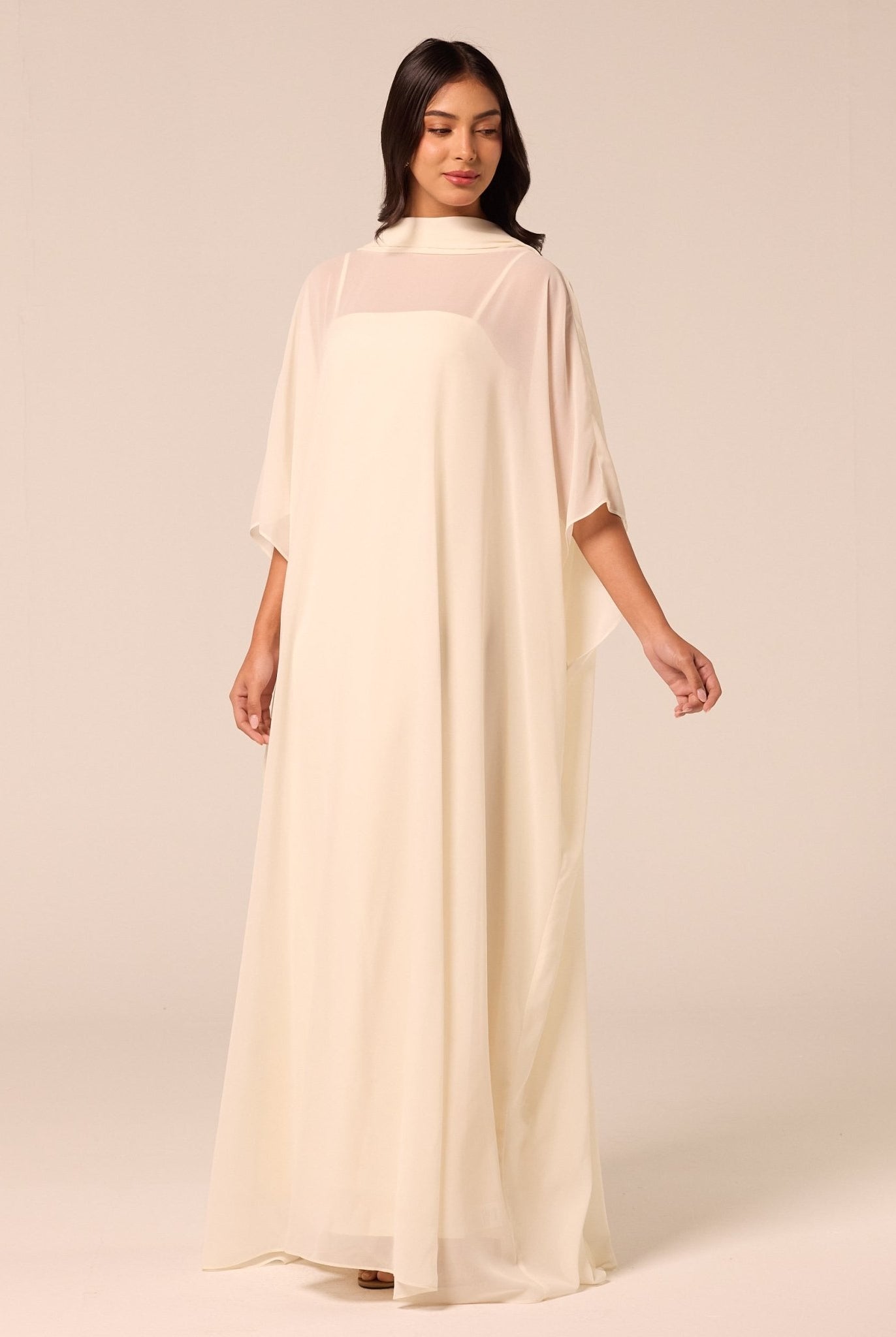 Ivory Spaghetti Strap Dress with Sheer Chiffon Cape - shopaleena