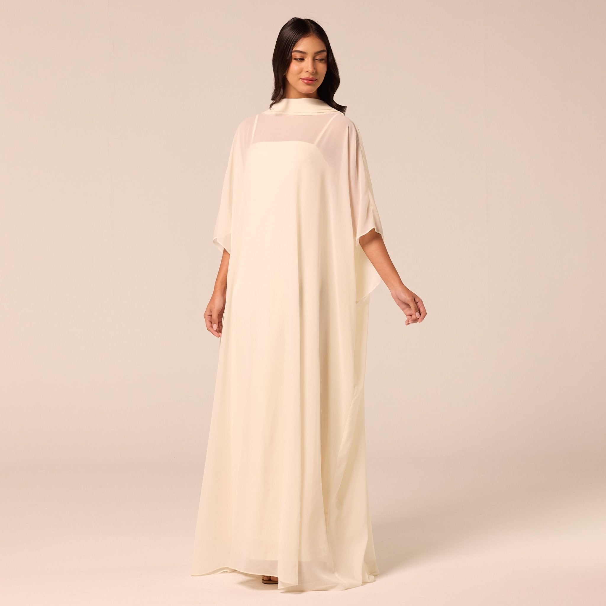 Ivory Spaghetti Strap Dress with Sheer Chiffon Cape - shopaleena