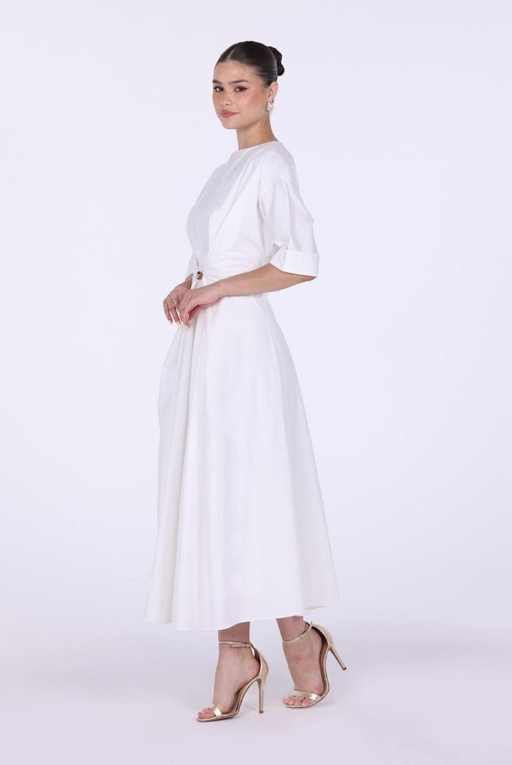 Ivory Twisted Front Cotton Poplin Midi Dress - shopaleena
