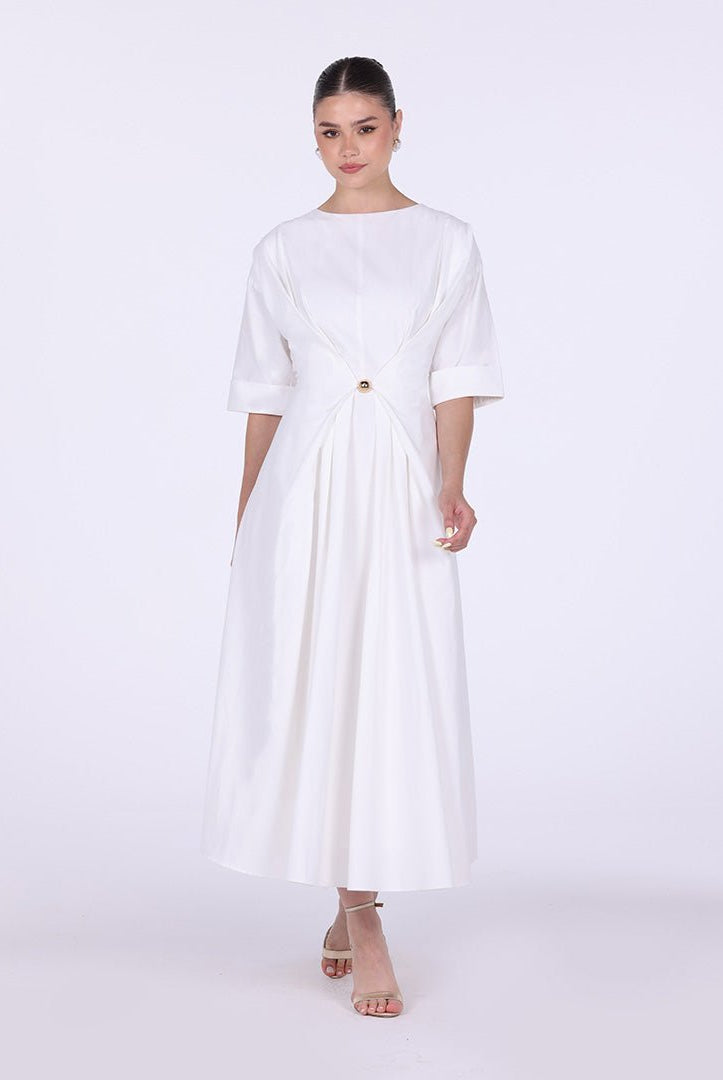 Ivory Twisted Front Cotton Poplin Midi Dress - shopaleena