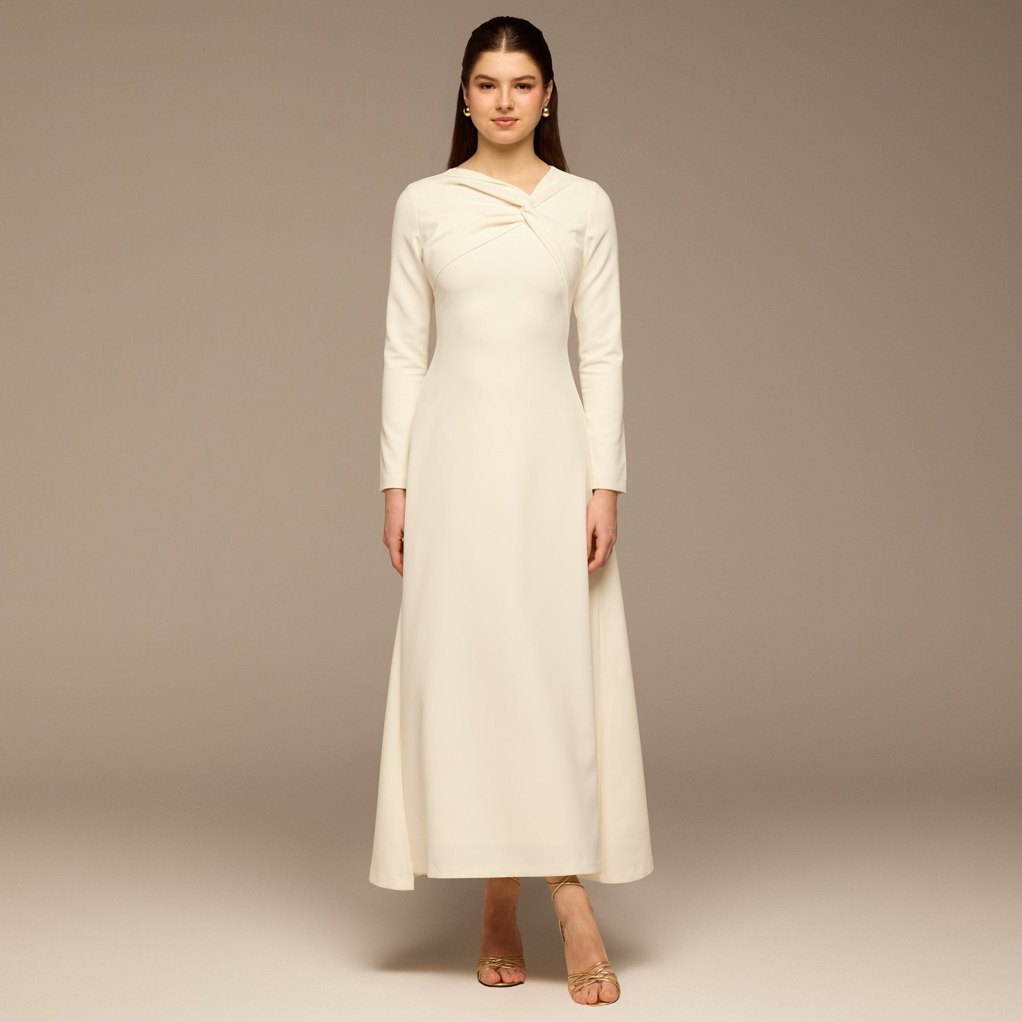 Ivory Twisted Neck Crepe Maxi Dress - shopaleena