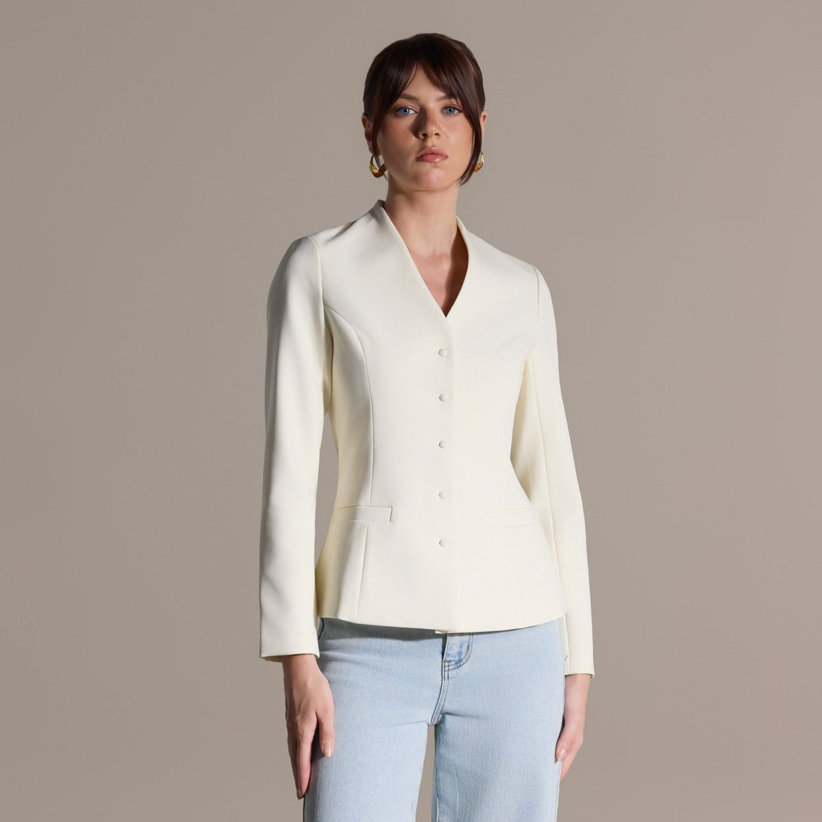 Ivory V-Neck Peplum Blazer - shopaleena