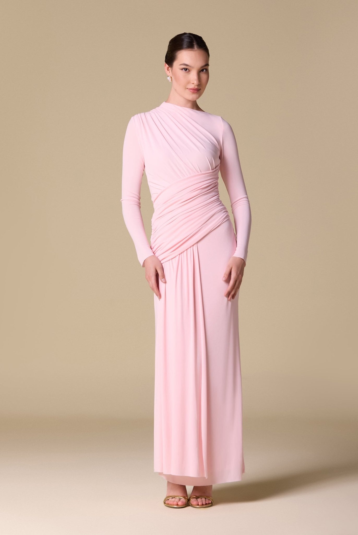 Jersey Draped Long Sleeve Maxi Dress - shopaleena
