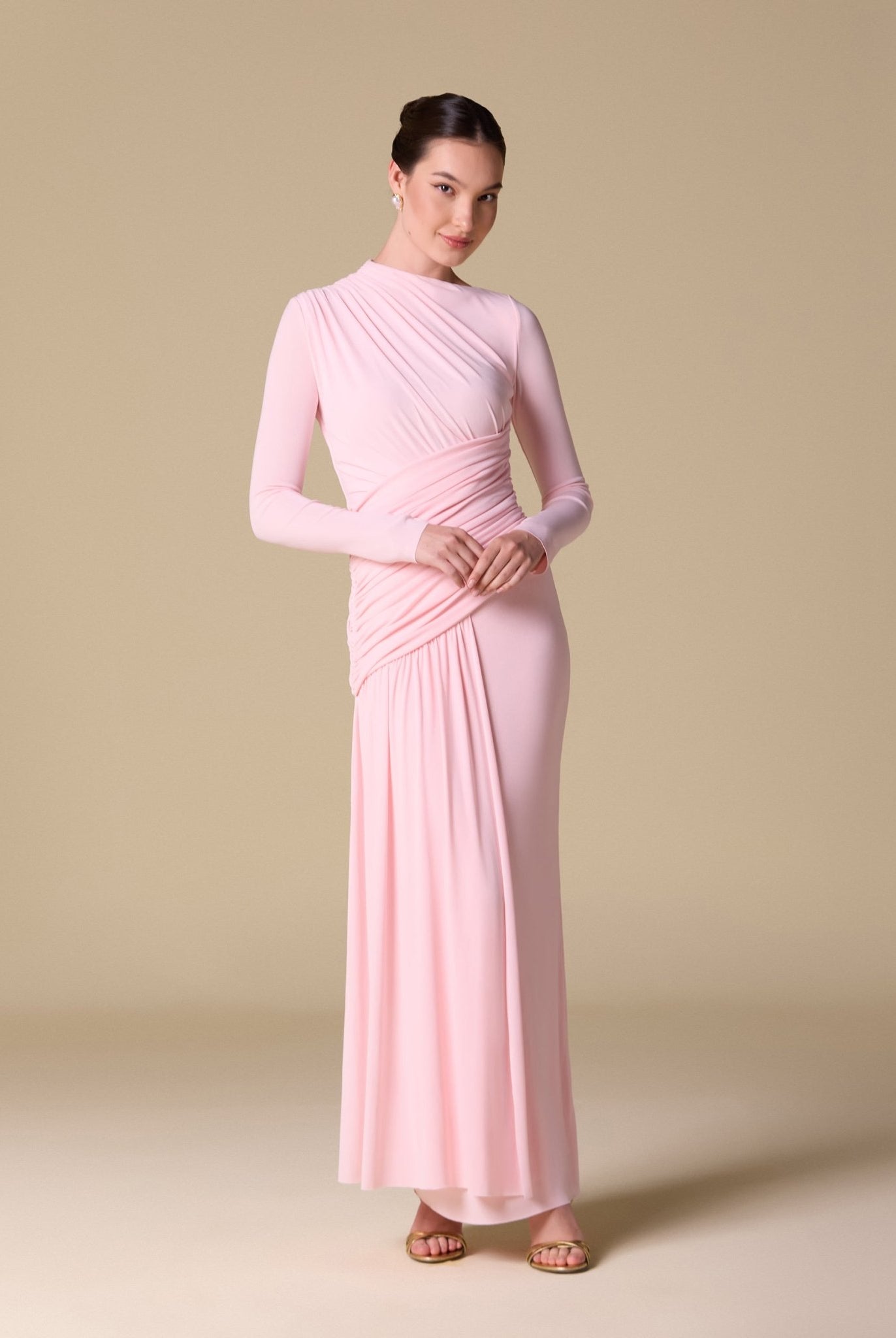 Jersey Draped Long Sleeve Maxi Dress - shopaleena