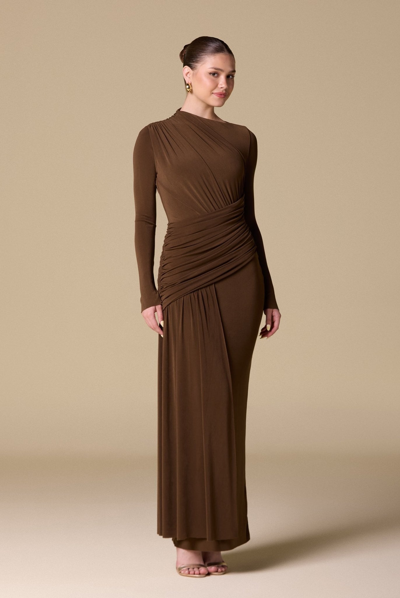 Jersey Draped Long Sleeve Maxi Dress - shopaleena