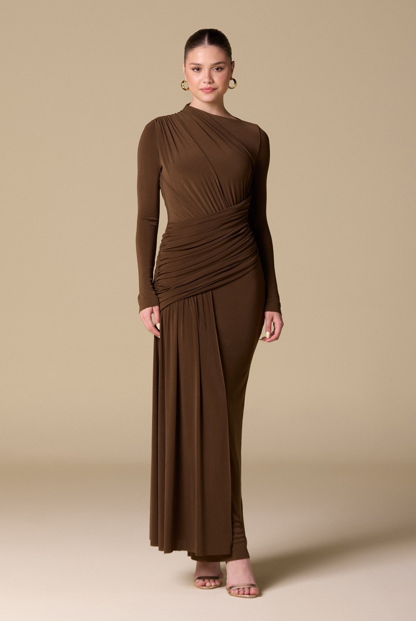 Jersey Draped Long Sleeve Maxi Dress - shopaleena