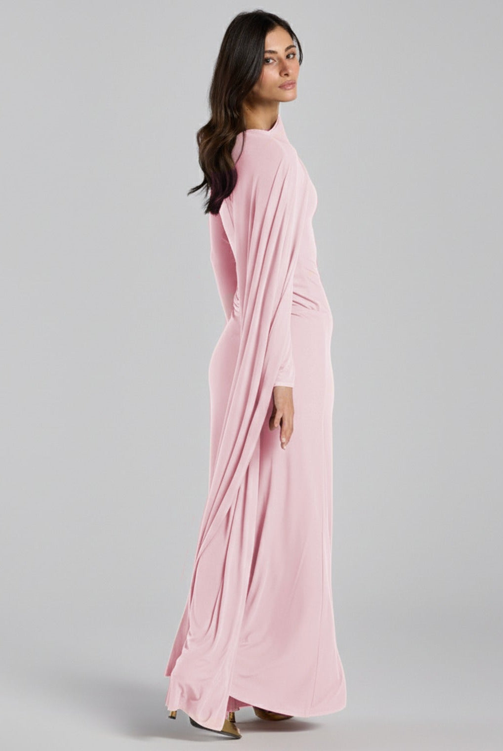 Jersey Draped Maxi Dress with Sleeve Scarf - shopaleena