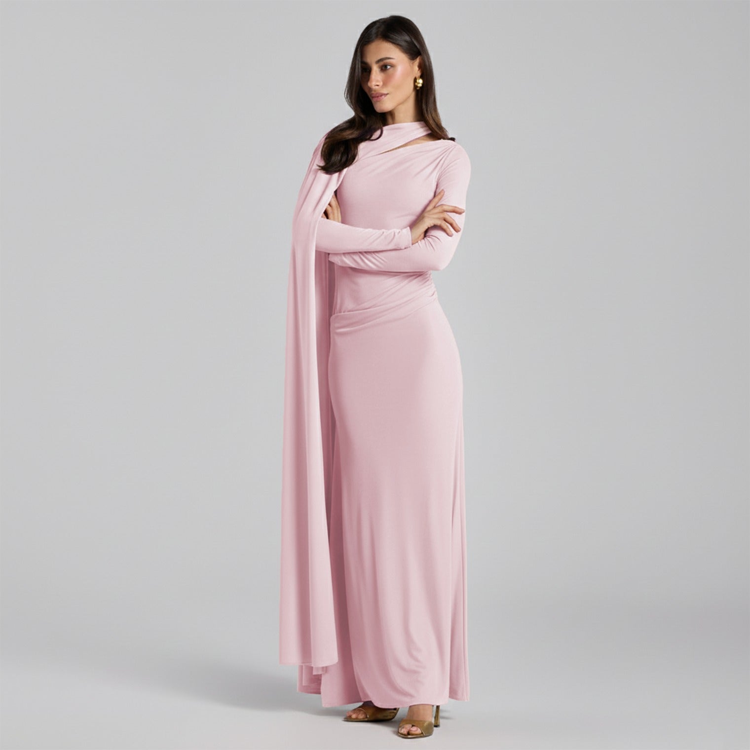 Jersey Draped Maxi Dress with Sleeve Scarf - shopaleena