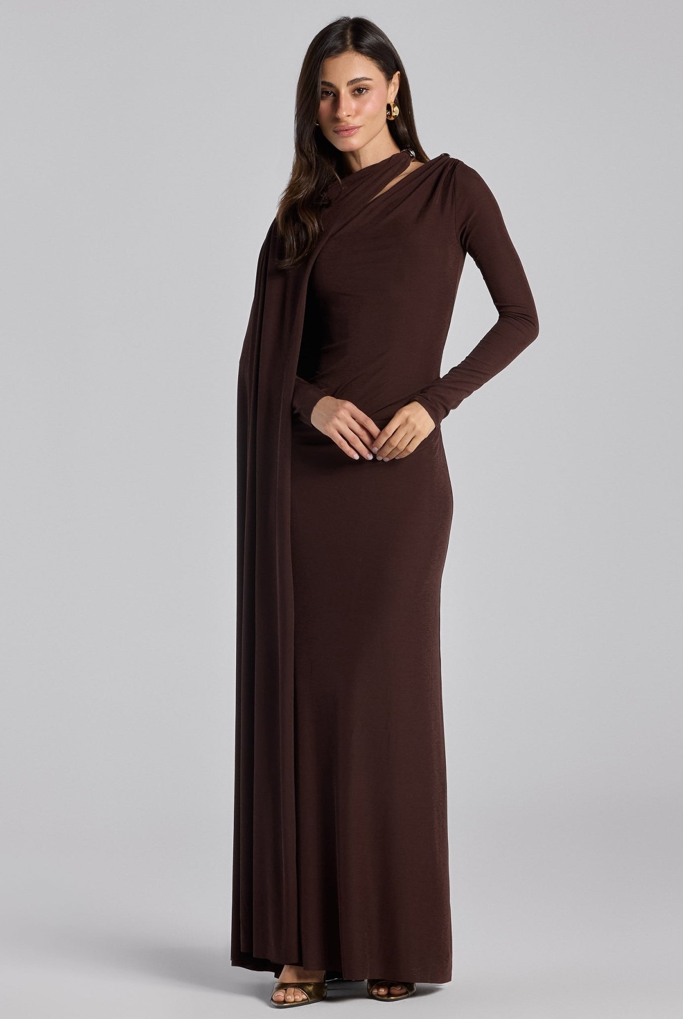 Jersey Draped Maxi Dress with Sleeve Scarf - shopaleena