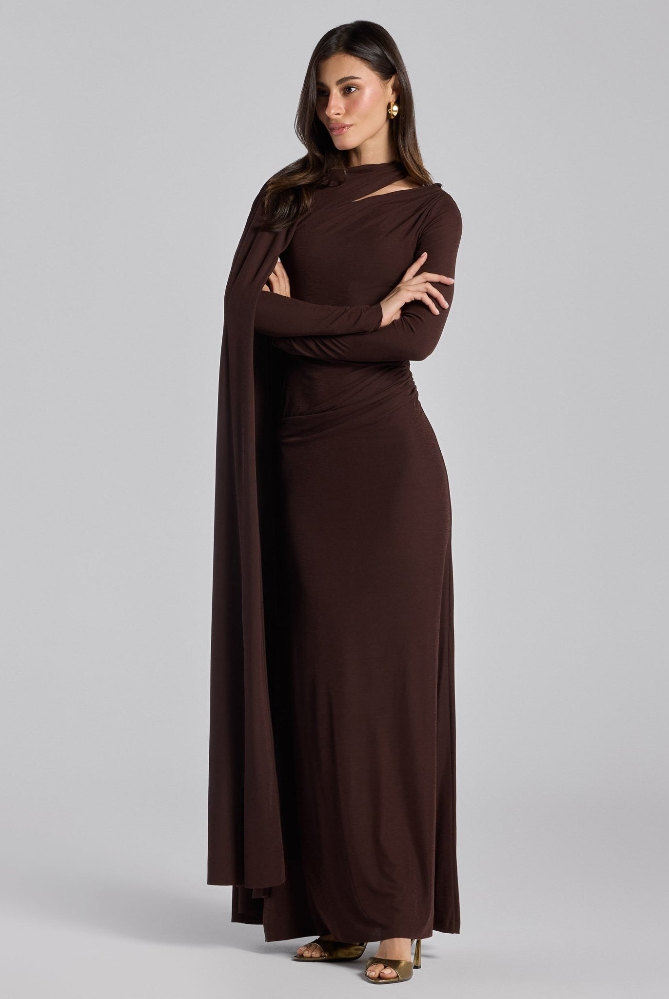 Jersey Draped Maxi Dress with Sleeve Scarf - shopaleena