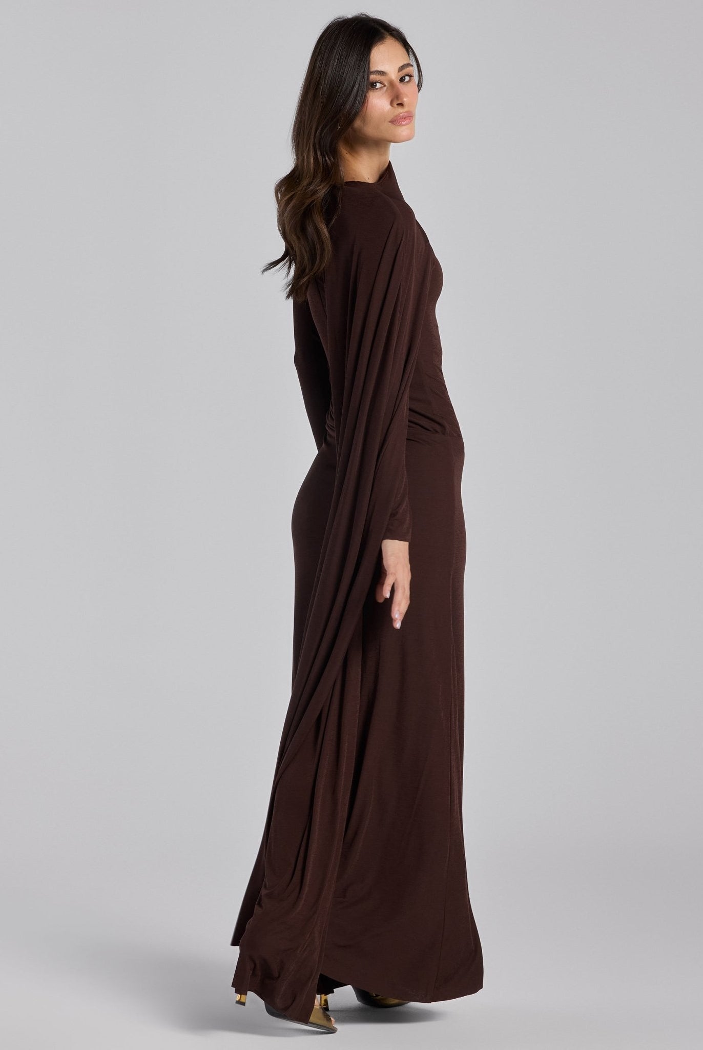 Jersey Draped Maxi Dress with Sleeve Scarf - shopaleena
