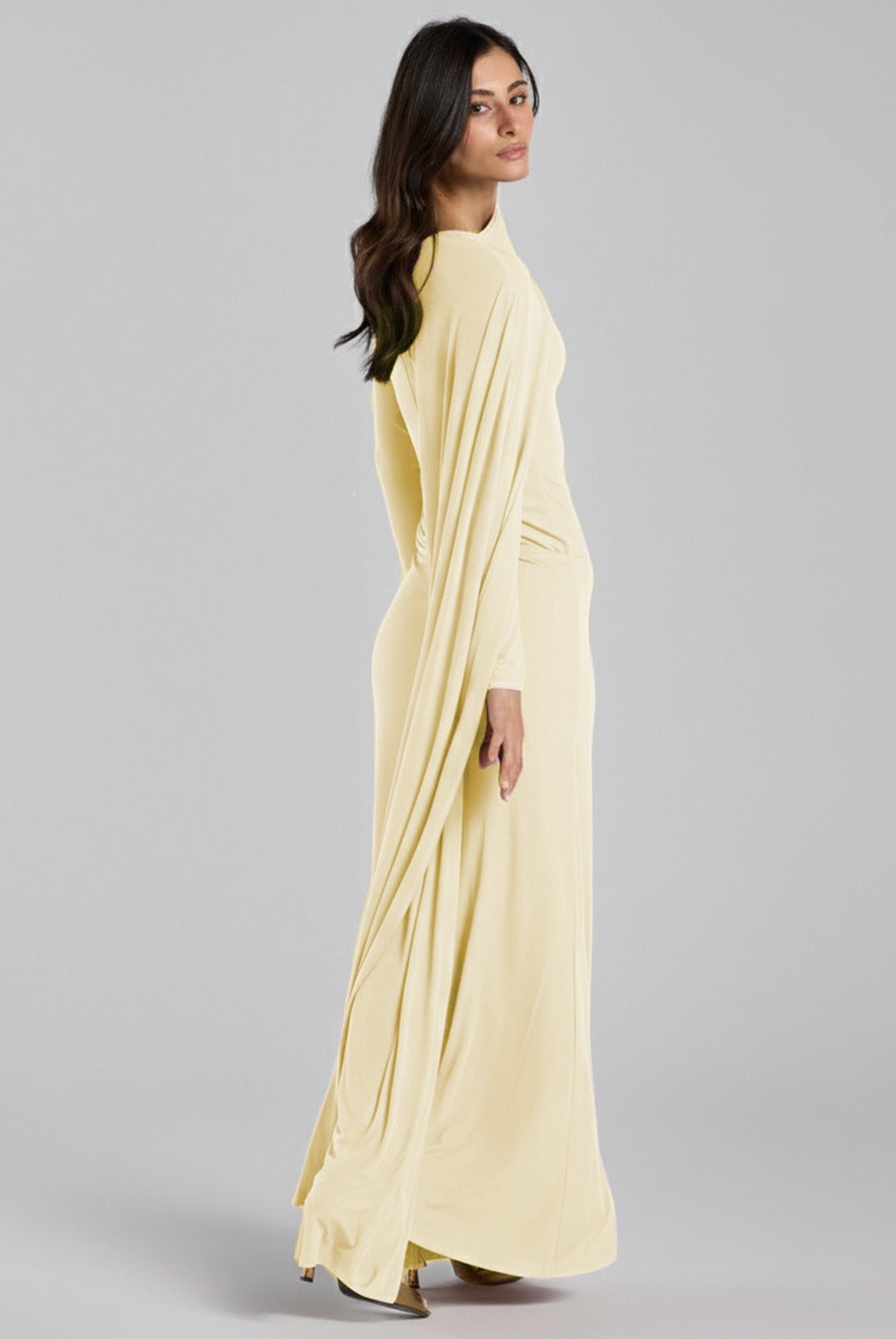 Jersey Draped Maxi Dress with Sleeve Scarf - shopaleena