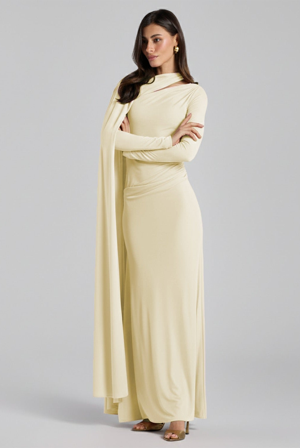 Jersey Draped Maxi Dress with Sleeve Scarf - shopaleena