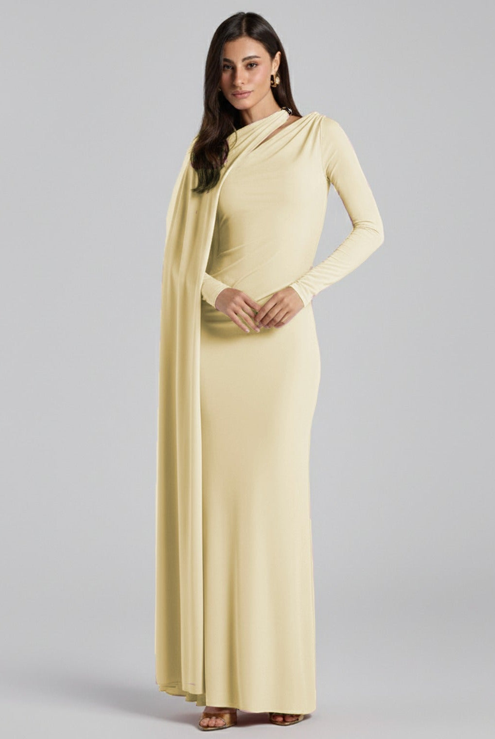 Jersey Draped Maxi Dress with Sleeve Scarf - shopaleena