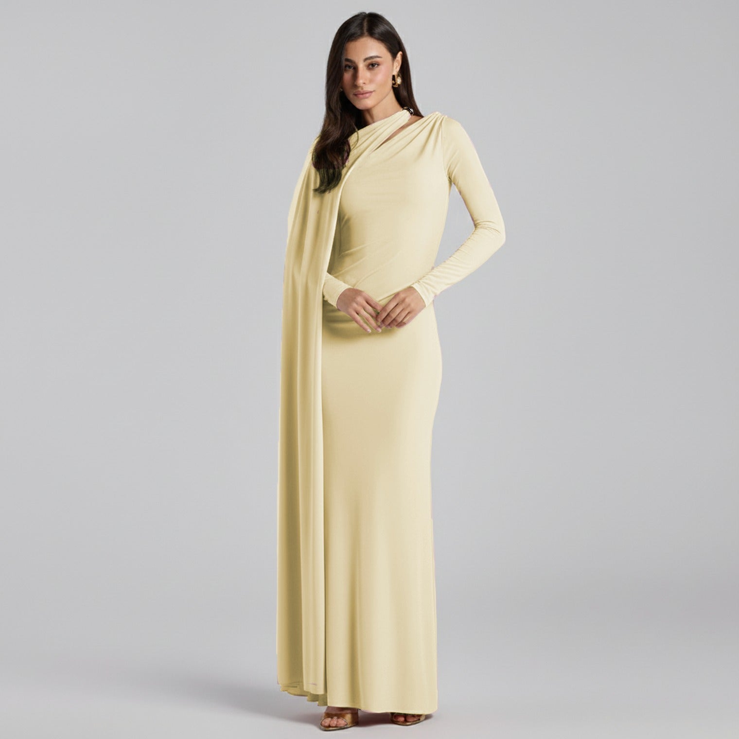 Jersey Draped Maxi Dress with Sleeve Scarf - shopaleena