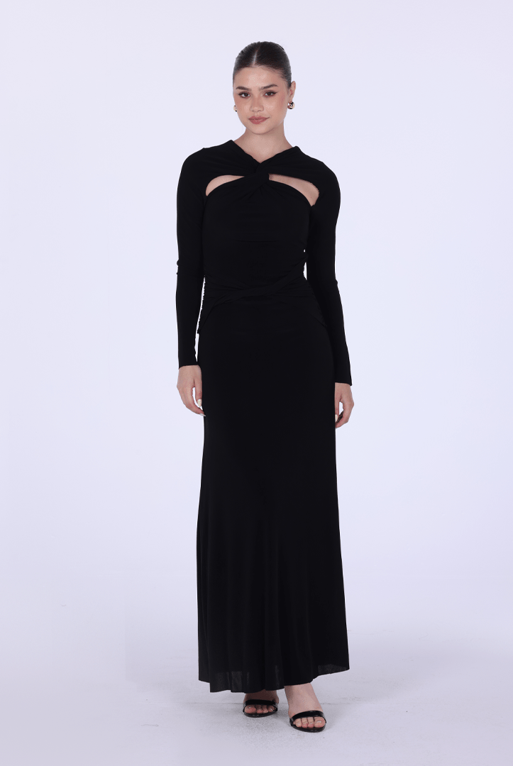 Jersey Gathered Maxi Dress with Chest Cut - Out - shopaleena