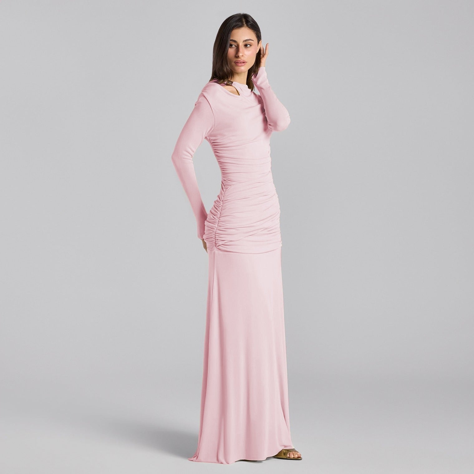 Jersey Gathered Maxi Dress with Gold Accessory - shopaleena