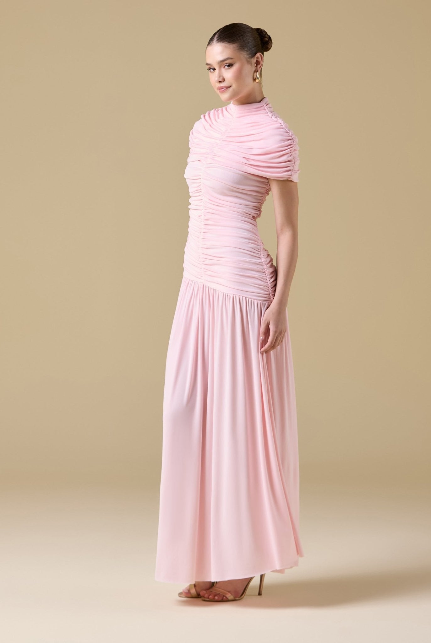 Jersey Gathered Maxi Dress with Pleated Skirt - shopaleena