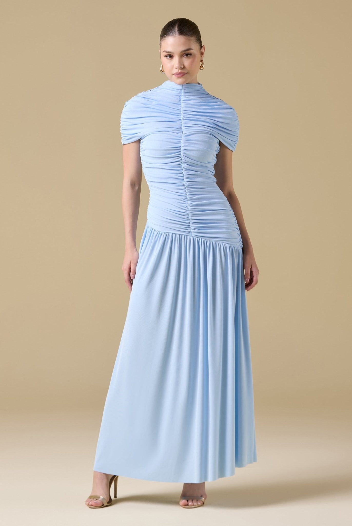 Jersey Gathered Maxi Dress with Pleated Skirt - shopaleena