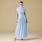 Jersey Gathered Maxi Dress with Pleated Skirt - shopaleena