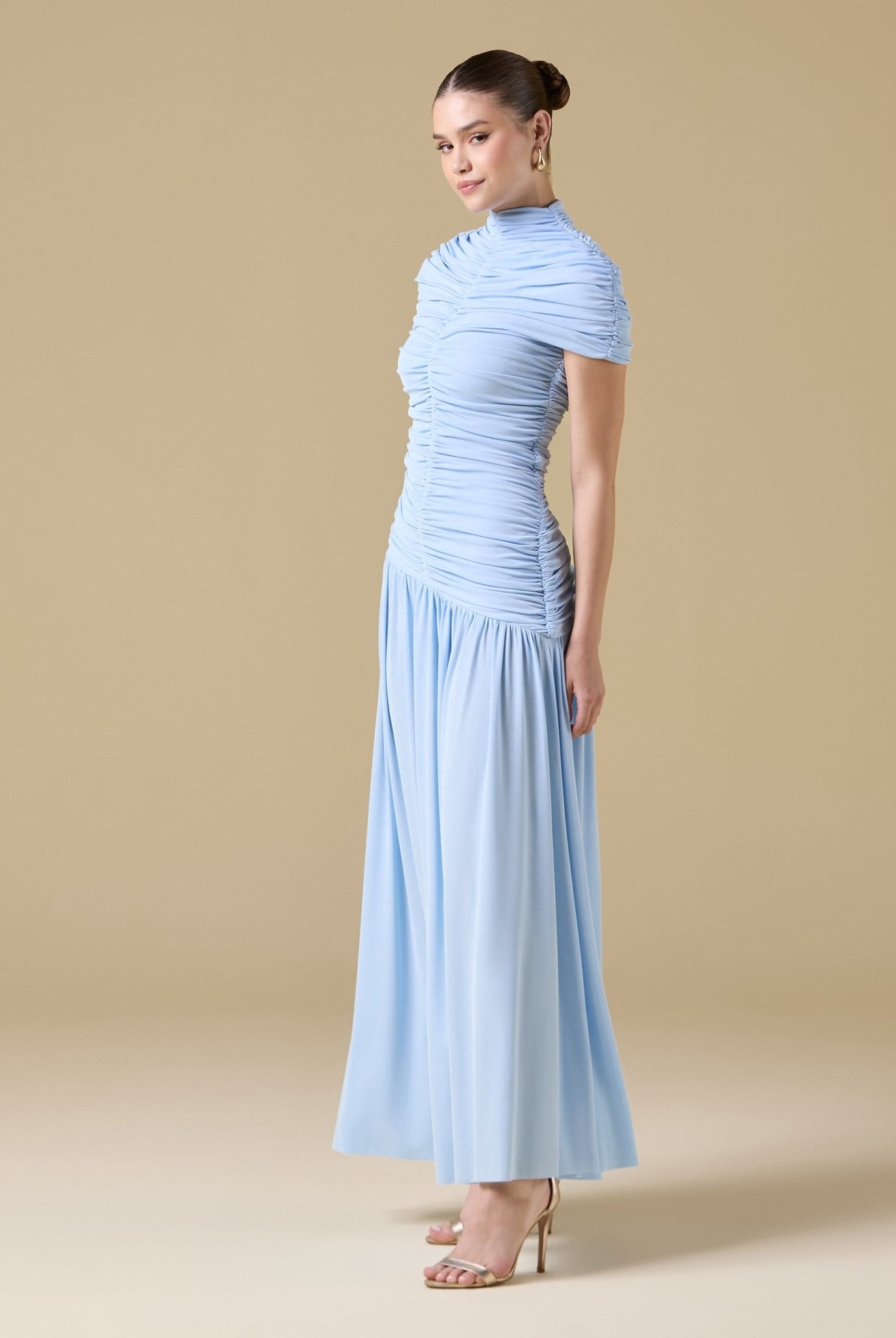 Jersey Gathered Maxi Dress with Pleated Skirt - shopaleena