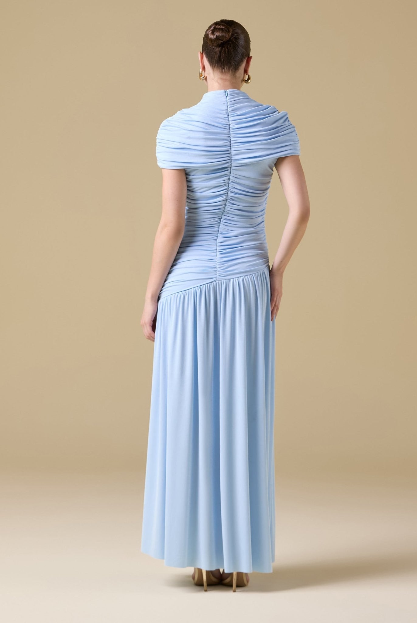 Jersey Gathered Maxi Dress with Pleated Skirt - shopaleena